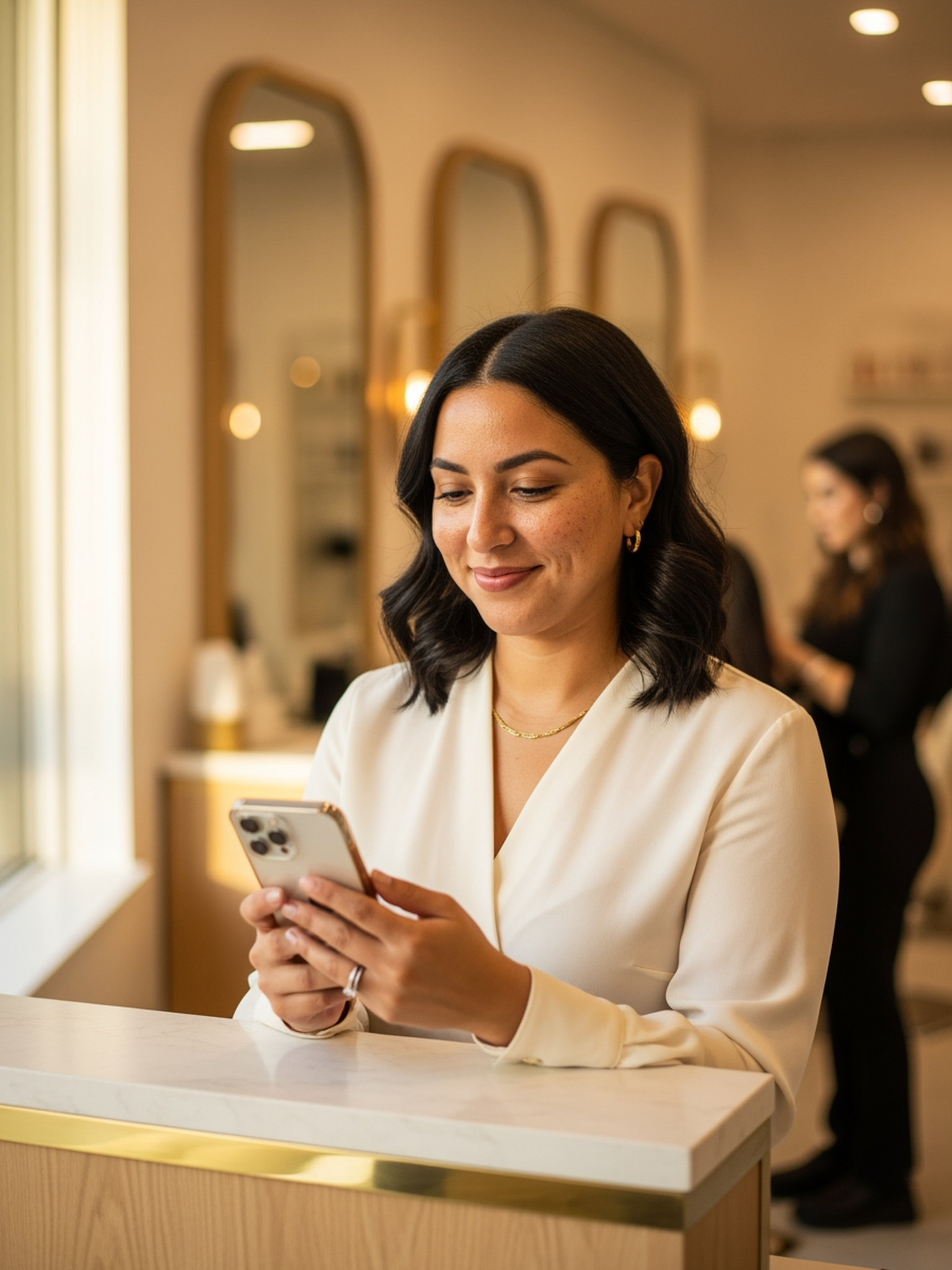 A Miami salon owner checking her loyhq rewards on her phone