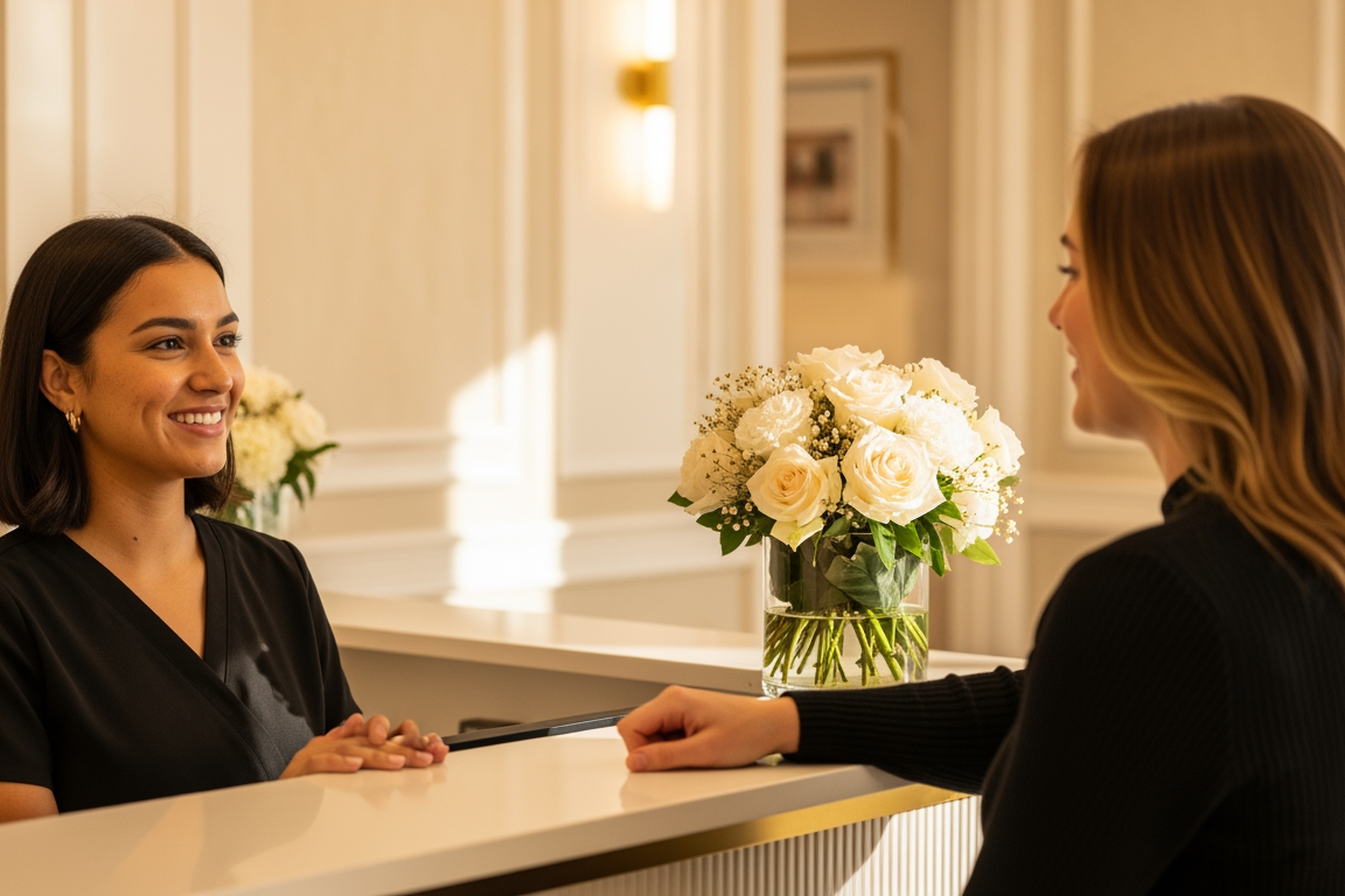 A client checking in with the receptionist at a warm medspa front desk